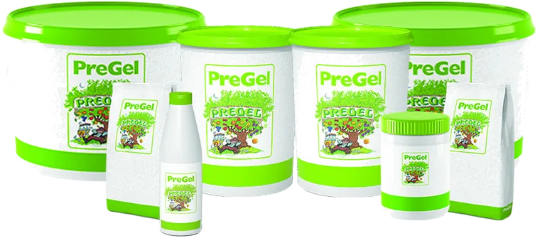 PreGel gelato bases and pastes in tubs and bottles.