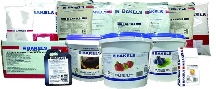 Bakels bakery ingredient bags, tubs and boxes.