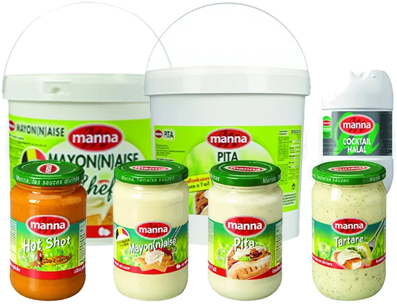 Manna sauces, mayonnaise and dressings in jars and catering pails.