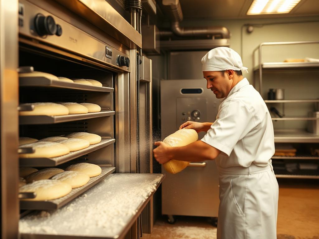 baker pulling bread from a deck oven on a bakery production floor