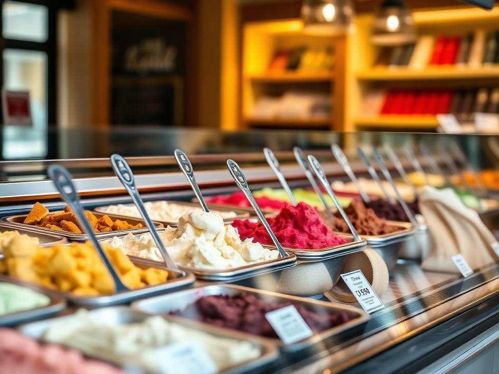gelato display case with colourful pans behind a glass counter