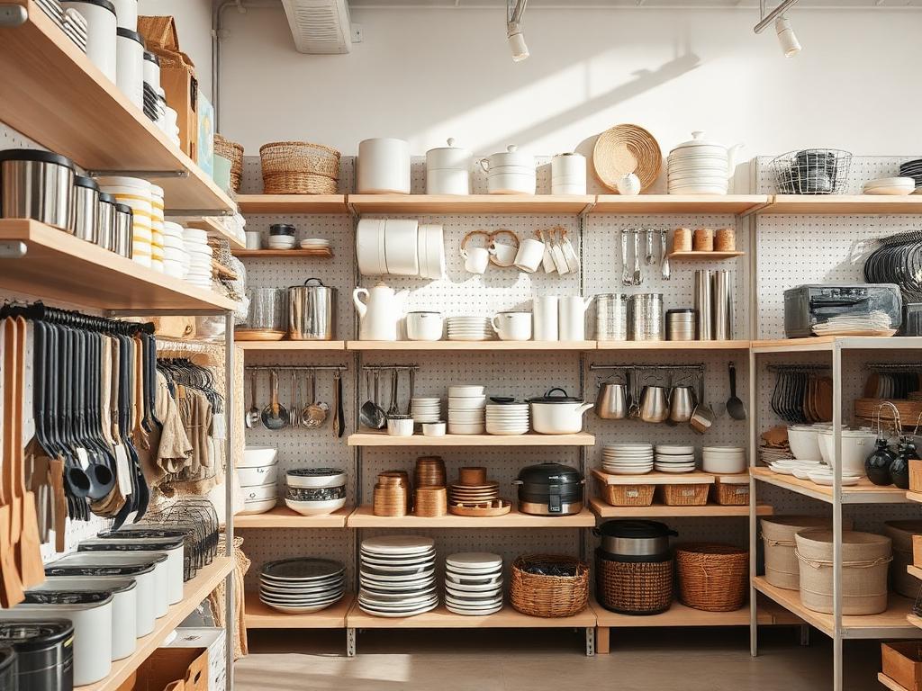 home goods showroom with practical fittings on open shelving