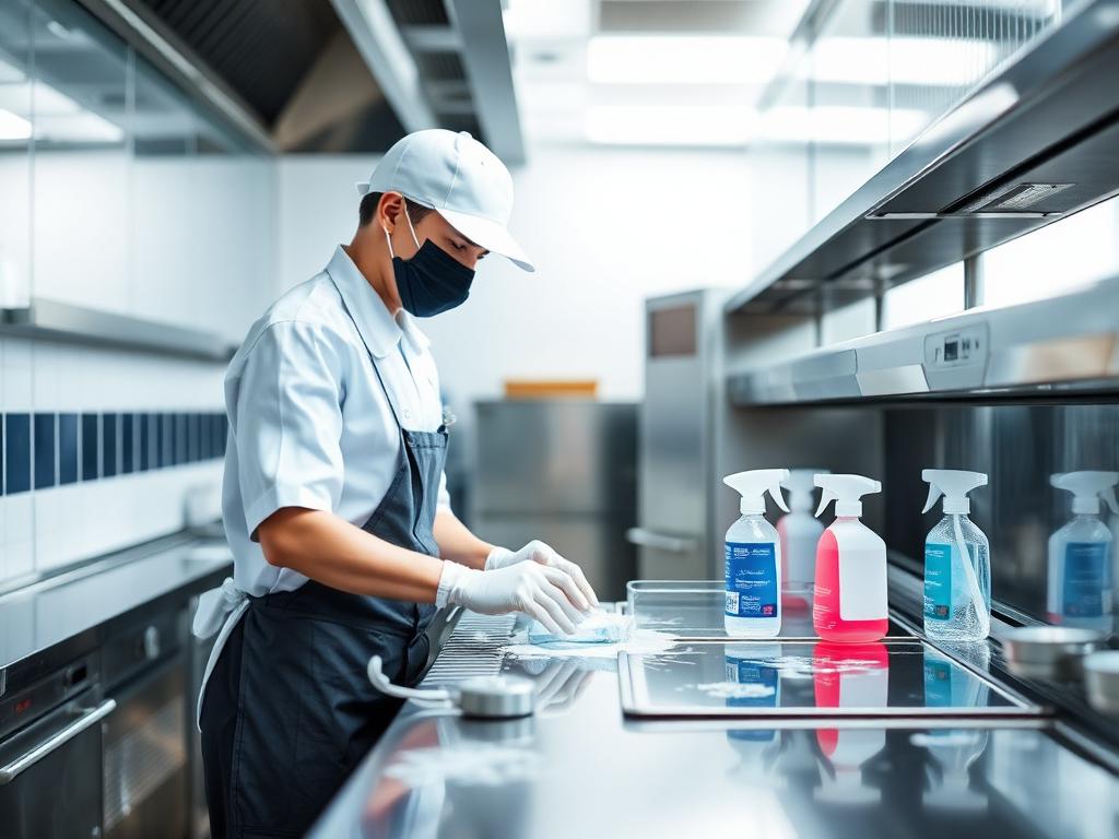 staff member sanitising stainless steel surfaces in a commercial kitchen