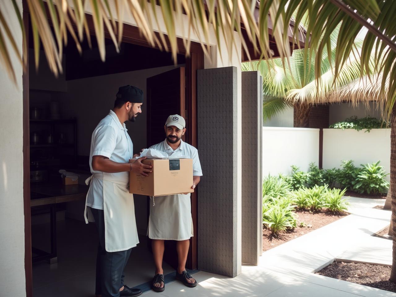 Illustrative image: delivery handoff at a kitchen back entrance